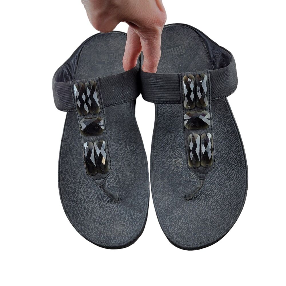 Fitflop Sandals Womens 11 Sweetie‎ All Black Jeweled 681-090 Slip On Toning